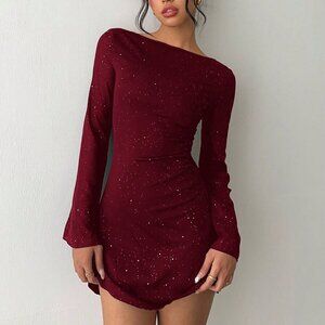 Burgundy Sexy Women's Elegant Glitter Backless Mini Party Cocktail Dress